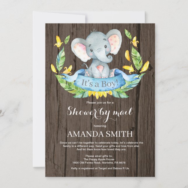 Rustic Boy Elephant Baby Showdown by Mail Einladung (Vorderseite)