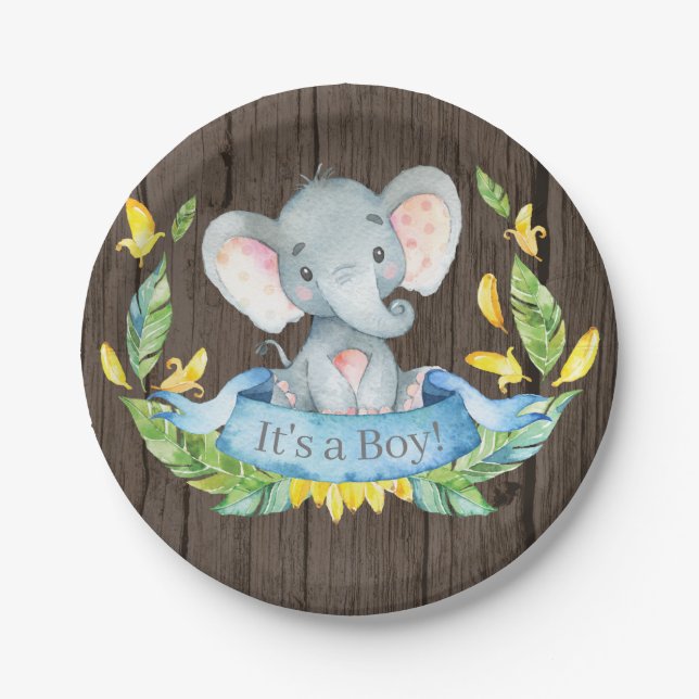Rustic Boy Elephant Baby Shower Blue Paper Plate Pappteller (Vorderseite)