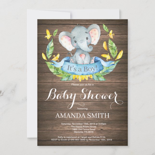 Rustic Boy Elephant Baby Shower Einladung (Vorderseite)