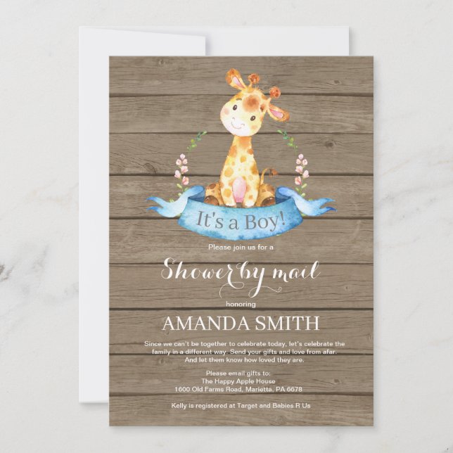 Rustic Boy Giraffe Baby Shower by Mail Einladung (Vorderseite)