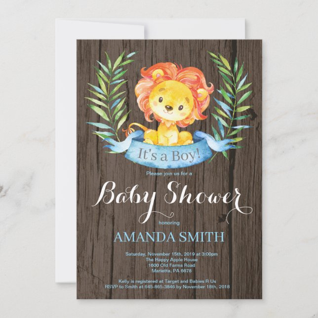 Rustic Boy Lion Baby Shower Einladung (Vorderseite)