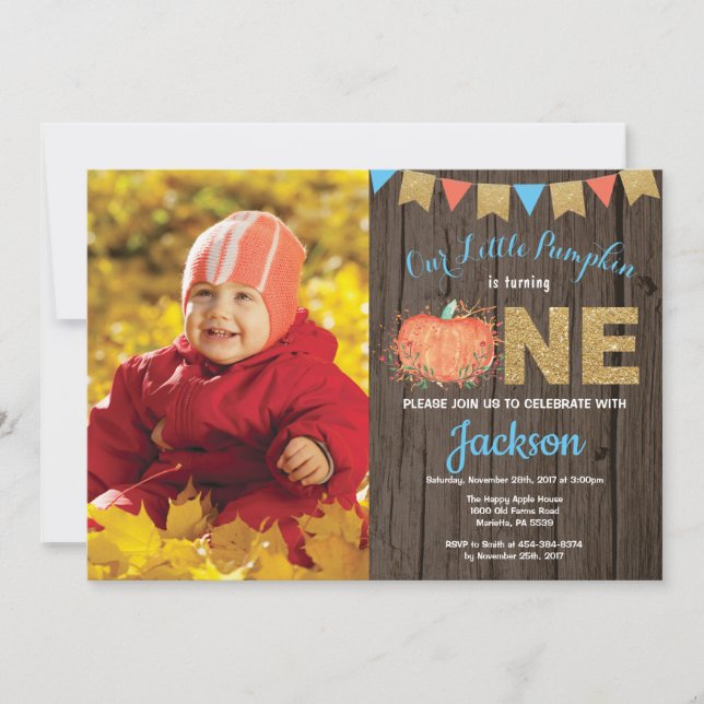 Rustic Boy Pumpkin Fall Geburtstag Einladung Gold (Vorderseite)