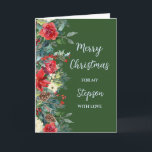 Rustic Brother Stepson Frohe Weihnachten Karte<br><div class="desc">Frohe Weihnachten für Stiefelkarte in rustikalen Wald grün und Aquarell Blume und Blattwerk.</div>