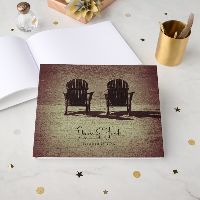 Rustic Brown Adirondack Beach Stühle Hochzeit Gästebuch (Vorderseite Offen)