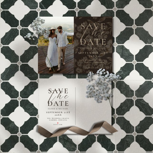 Rustic Brown Botanical Pattern Photo Wedding Ankündigungspostkarte (Announce your big day in a sophisticated style with this Rustic Brown Botanical Pattern Photo Card!)