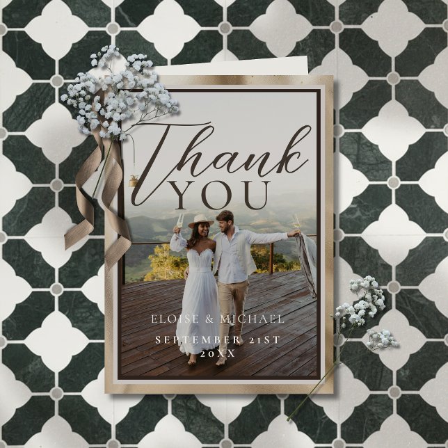 Rustic Brown Botanical Pattern Photo Wedding Dankeskarte (Thank your guests for celebrating your big day with this Rustic Brown Photo Folded Thank You Card!)
