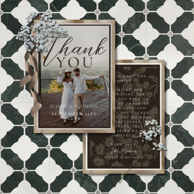 Rustic Brown Botanical Pattern Photo Wedding Dankeskarte (Thank your guests for celebrating your big day with this Rustic Brown Photo Thank You Card!)