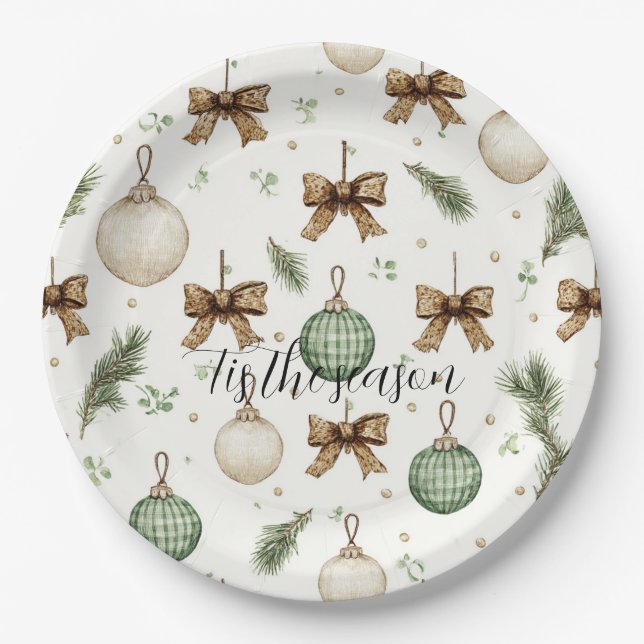 Rustic Brown Bows Cream Green Christmas   Pappteller (Vorderseite)