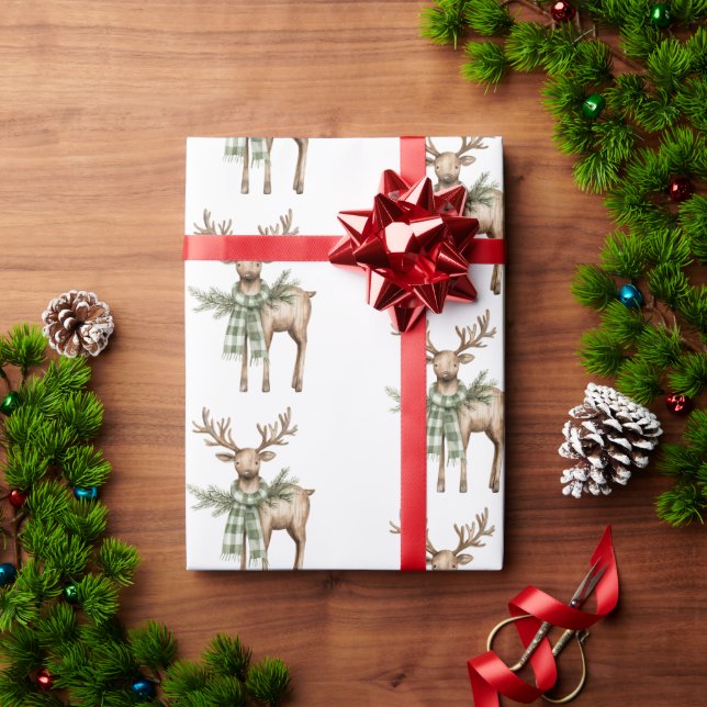 Rustic Brown Bows Cream Green Christmas Trees Deer Geschenkpapier (Feiertagsgeschenk)
