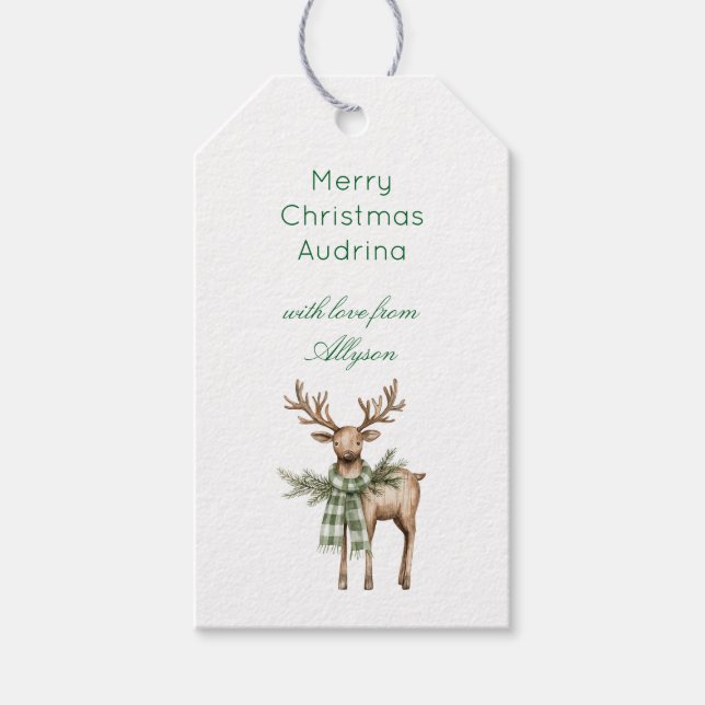 Rustic Brown Cream Green Christmas Deer Geschenkanhänger (Vorderseite)
