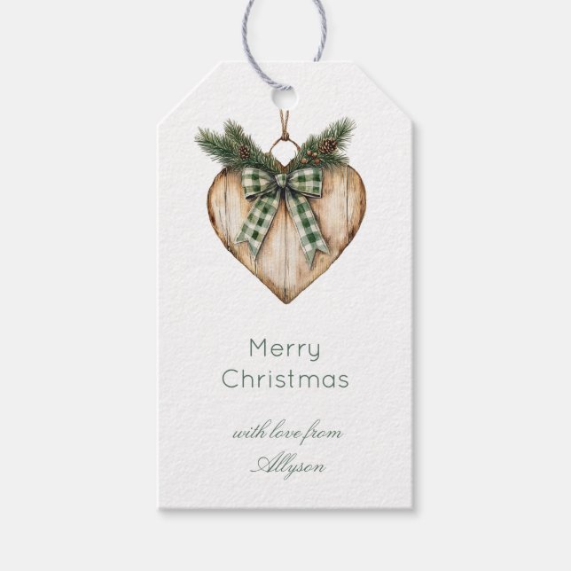Rustic Brown Cream Green Heart Bow Christmas   Geschenkanhänger (Vorderseite)