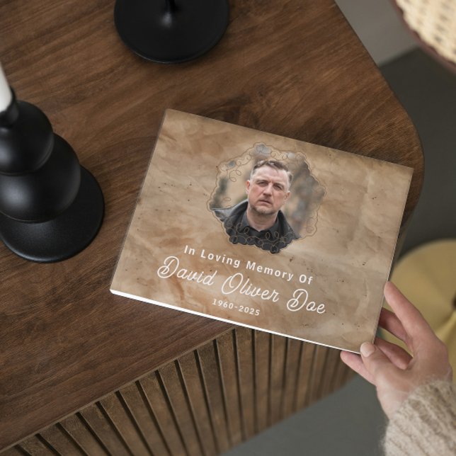 Rustic Brown Custom Text Photo Memorial Funeral Gästebuch (rustic guest books in loving memory funeral memorial remembrance keepsake celebration of life photo)