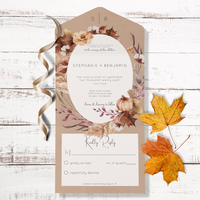 Rustic Brown Fall Floral & Blätter Kein Abendessen All In One Einladung (Von Creator hochgeladen)