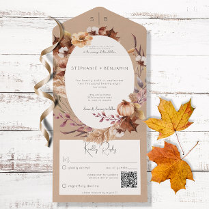 Rustic Brown Fall Floral & Blätter QR Code All In One Einladung