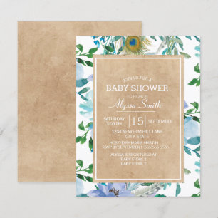 Rustic Brown Kraft Blue White Floral Baby Dusche Einladung