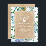 Rustic Brown Kraft Blue White Floral Sweet 16 Einladung<br><div class="desc">Schönes botanisches Baby blau und weiß Aquarell florale boho-Stil süße 16 Geburtstagsfeier Einladung auf rustikal braunes Kraftpapier.</div>