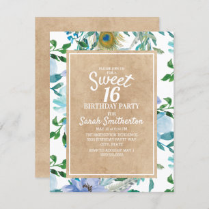 Rustic Brown Kraft Blue White Floral Sweet 16 Einladung
