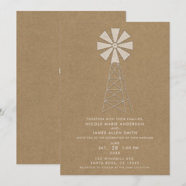 Rustic Brown Kraft Farm Windmill Moderne Hochzeit Einladung (Vorne/Hinten)