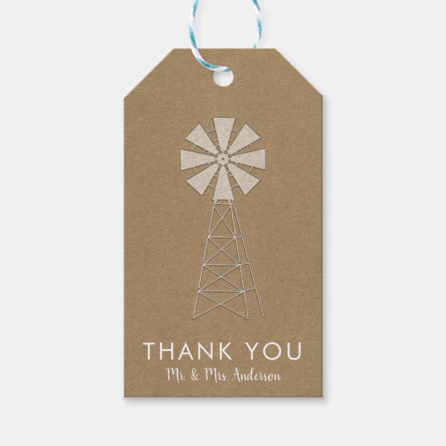 Rustic Brown Kraft Farm Windmill Moderne Hochzeit Geschenkanhänger (Vorderseite)