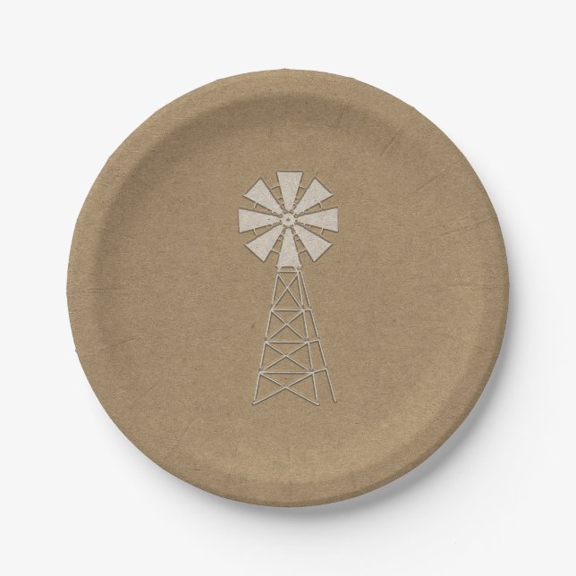 Rustic Brown Kraft Farm Windmill Moderne Hochzeit Pappteller (Vorderseite)