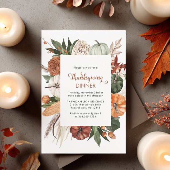 Rustic Brown Pumpkin Erntedank Dinner einladen Postkarte (Rustic Brown Pumpkin Thanksgiving Dinner Invite)