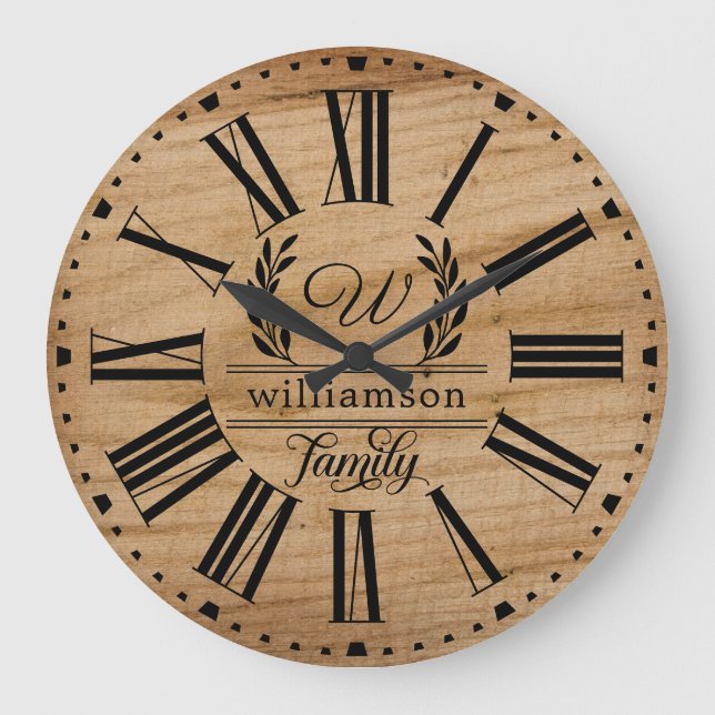 Rustic Brown Wood Custom Familienname Bauernhof Große Wanduhr (Vorderseite)