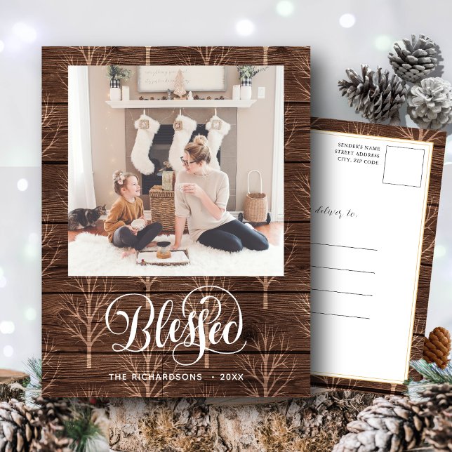 Rustic Brown Wood Elegant Script BLESSED Minimal Postkarte (Von Creator hochgeladen)