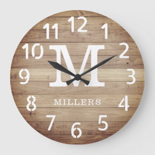 Rustic Brown Wood Family Name Monogram Farmhouse Große Wanduhr