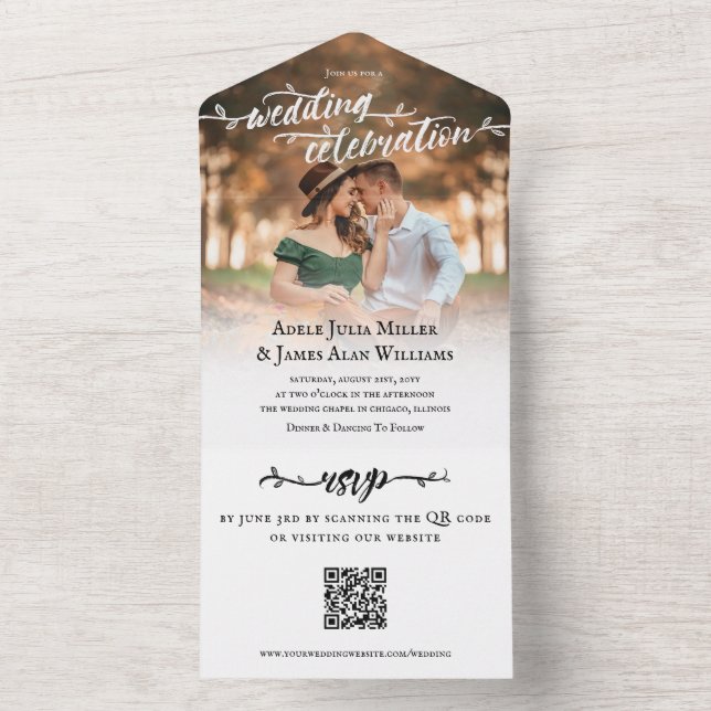Rustic Brush Script Foto Wedding QR UAWG All In One Einladung (Innen)