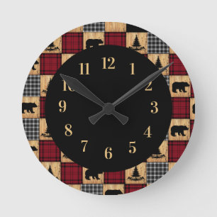 Rustic Buffalo Check Bears Trees Wood Red Black Runde Wanduhr