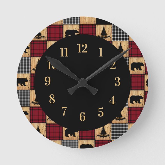 Rustic Buffalo Check Bears Trees Wood Red Black Runde Wanduhr (Vorderseite)