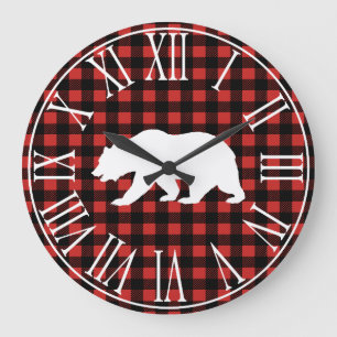 Rustic Buffalo Check Plaid & White Bear Silhouette Große Wanduhr