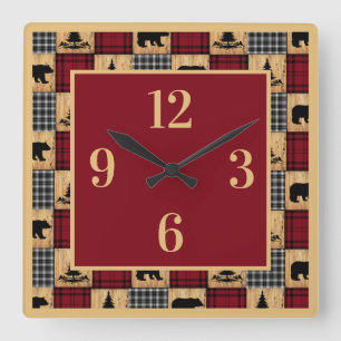 Rustic Buffalo Plaid Bears Trees Wood Red Black Quadratische Wanduhr
