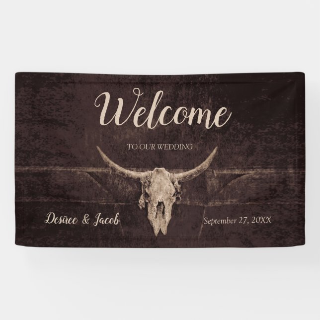 Rustic Bull Skull Wedding Western Land Willkommen Banner (Horizontal)