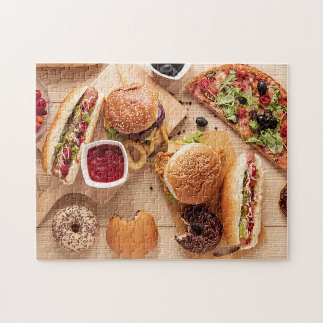 Rustic Burger Hot dog Pizza French Fries Donut Puzzle (Horizontal)