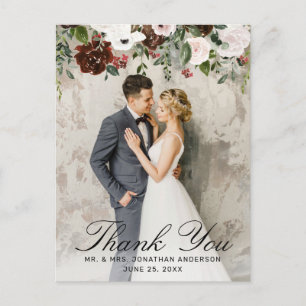 Rustic Burgund Floral Wedding Foto Vielen Dank Postkarte