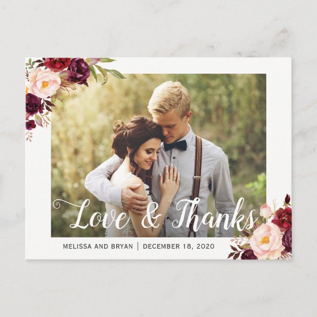 Rustic Burgund Red Floral Wedding Foto Vielen Dank Postkarte (Vorderseite)