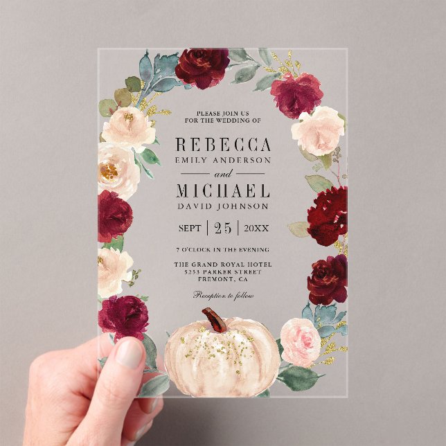 Rustic Burgundy and Peach Floral Pumpkin Wedding Acryleinladungen (Insitu (Handheld))