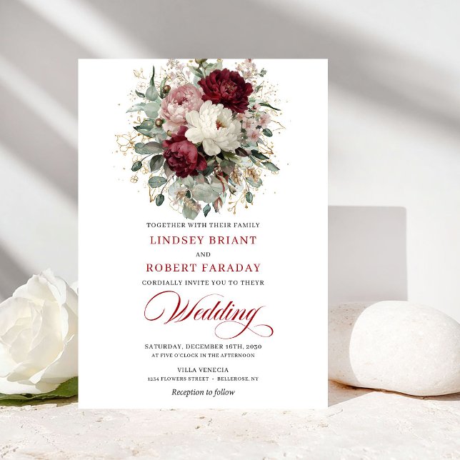 Rustic Burgundy and White Flowers Wedding Invite Einladung (Rustic Burgundy and White Flowers Wedding Invitation)