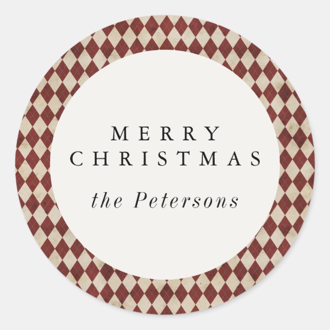 Rustic Burgundy Argyle Holiday Runder Aufkleber (Vorderseite)