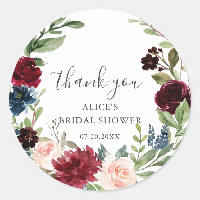 Rustic Burgundy Blue Boho Floral Bridal Shower Runder Aufkleber (Vorderseite)