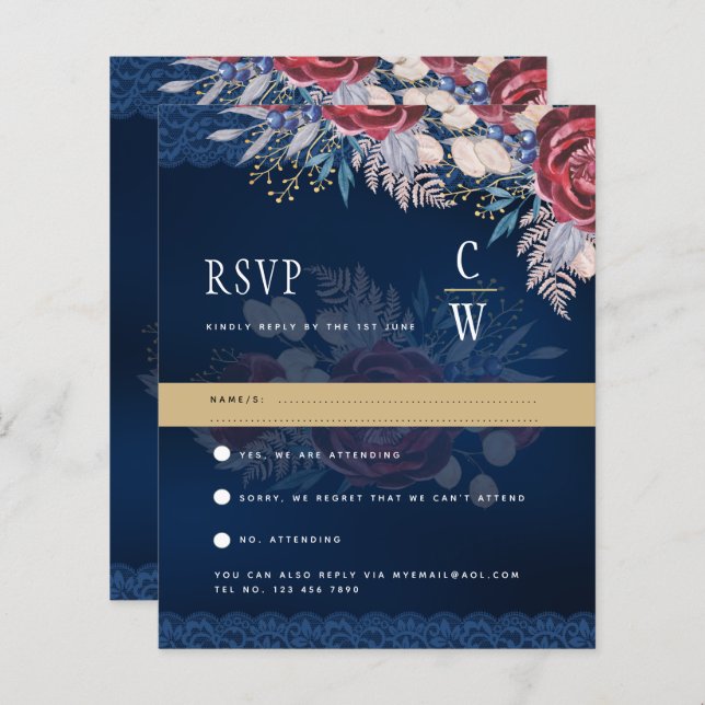 Rustic Burgundy Blue Floral Lace Wedding RSVP (Vorne/Hinten)
