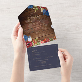 Rustic Burgundy Blue Floral Wedding All In One Einladung