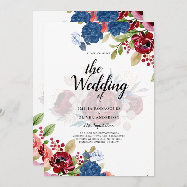 Rustic Burgundy Blue Floral Wedding Einladung (Vorne/Hinten)