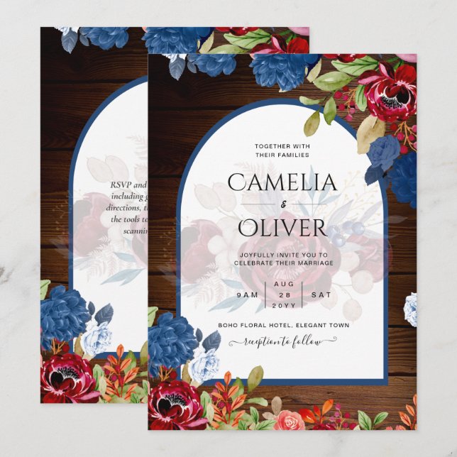 Rustic Burgundy Blue Floral Wedding Einladung (Vorne/Hinten)