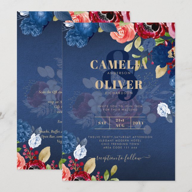 Rustic Burgundy Blue Floral Wedding Einladung (Vorne/Hinten)