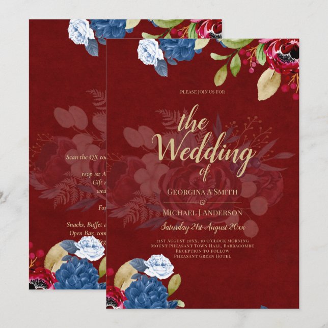 Rustic Burgundy Blue Floral Wedding Einladung (Vorne/Hinten)