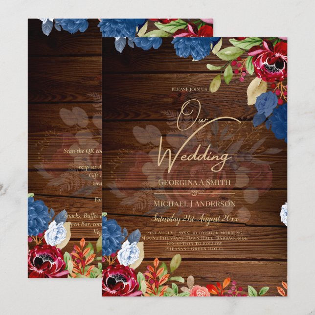 Rustic Burgundy Blue Floral Wedding Einladung (Vorne/Hinten)