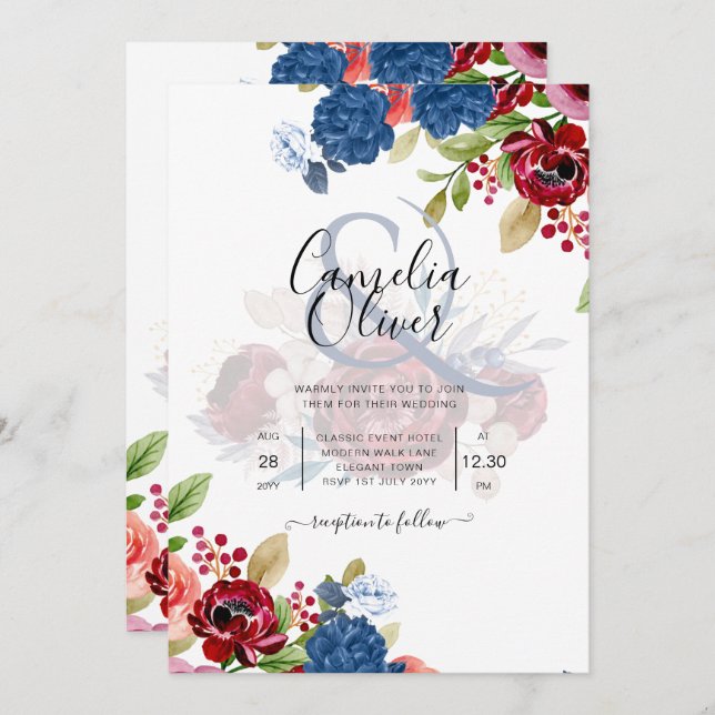Rustic Burgundy Blue Floral Wedding Einladung (Vorne/Hinten)