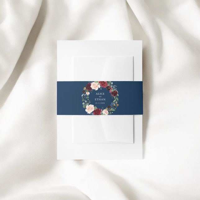 Rustic Burgundy Blue Floral Wedding Einladungsbanderole (Von Creator hochgeladen)